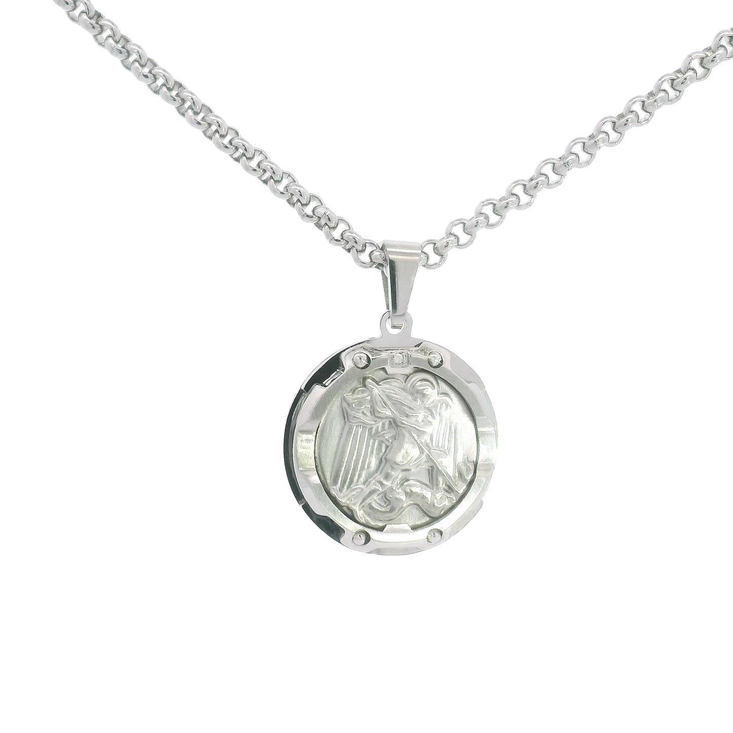 Stainless Steel & Diamond Saint Michael Medal Necklace