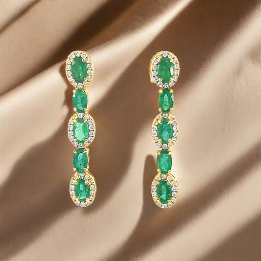 Emerald and Diamond Halo Dangle Earrings